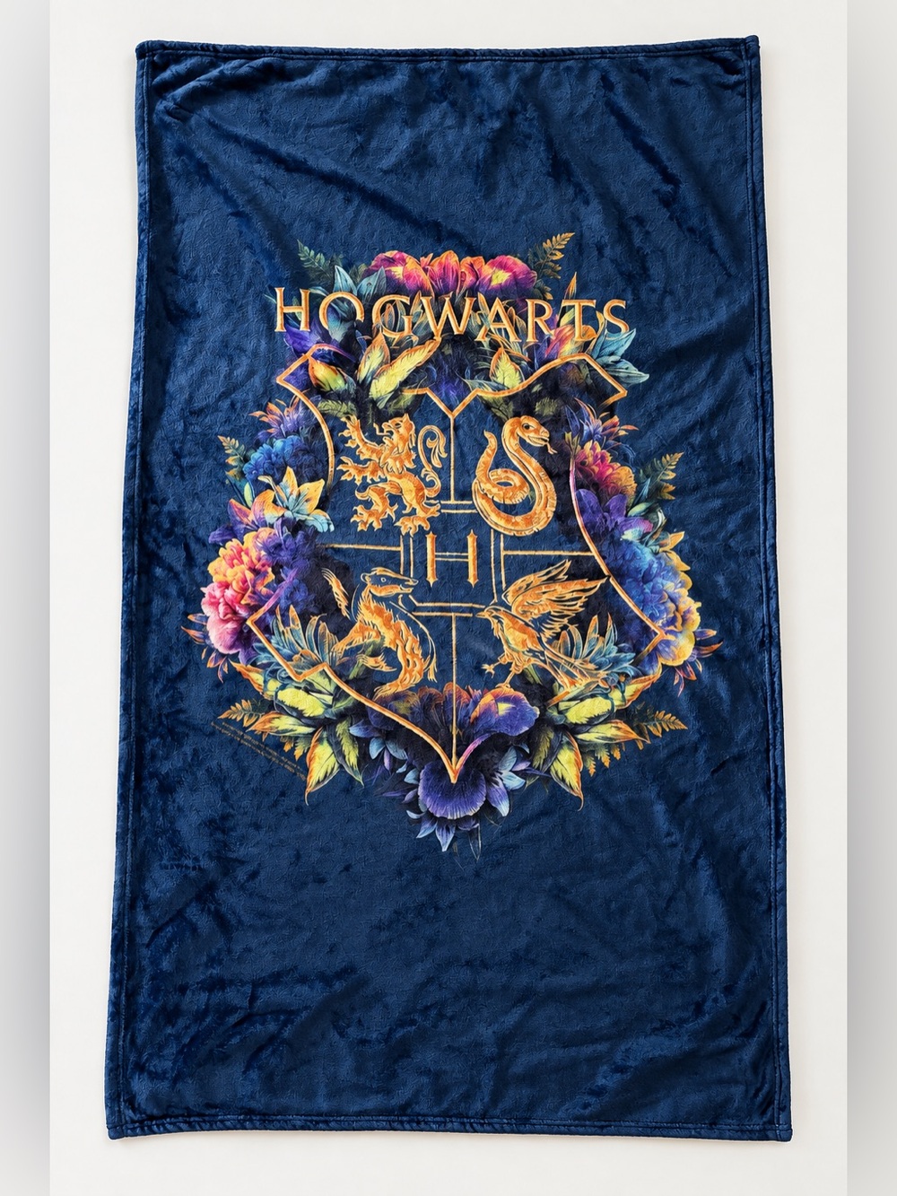 Harry Potter Hogwarts Floral Crest Blanket 34.5 x 58.5 Navy Blue Fleece